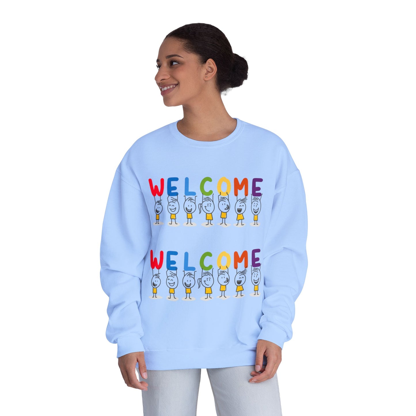 Welcome Crewneck Sweatshirt, Cozy Unisex Sweatshirt, Gifts for Home, Casual Wear, Birthday Gift, Inclusive Apparel