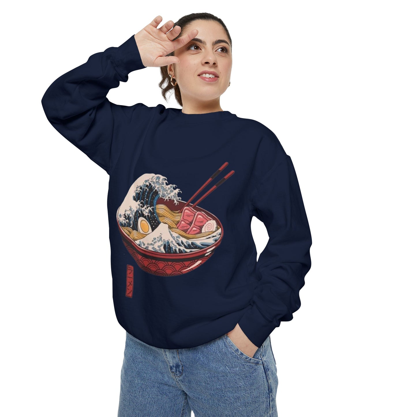 Cozy Garment-Dyed Sweatshirt with Ramen Design, Perfect for Food Lovers, Warm Casual Wear, Gifts for Him/Her, Unique Fashion Statement