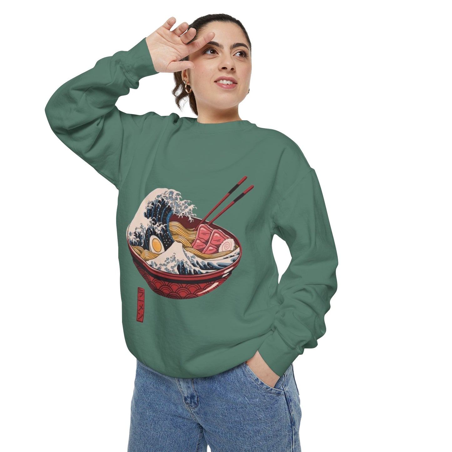 Cozy Garment-Dyed Sweatshirt with Ramen Design, Perfect for Food Lovers, Warm Casual Wear, Gifts for Him/Her, Unique Fashion Statement