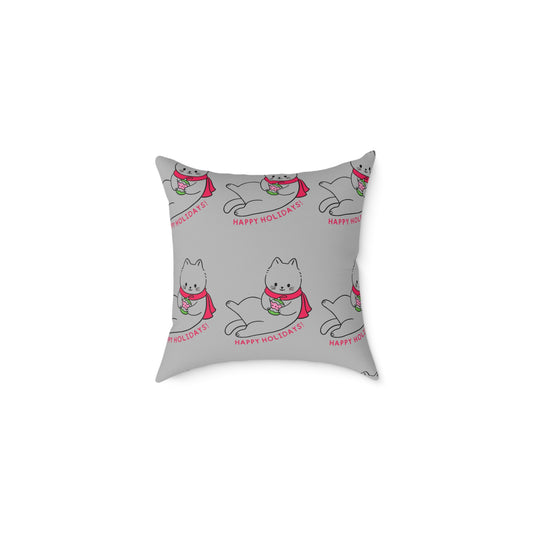 Happy Holidays Cat Pillow - Decorative Square Poly Canvas Cushion for Festive Decor