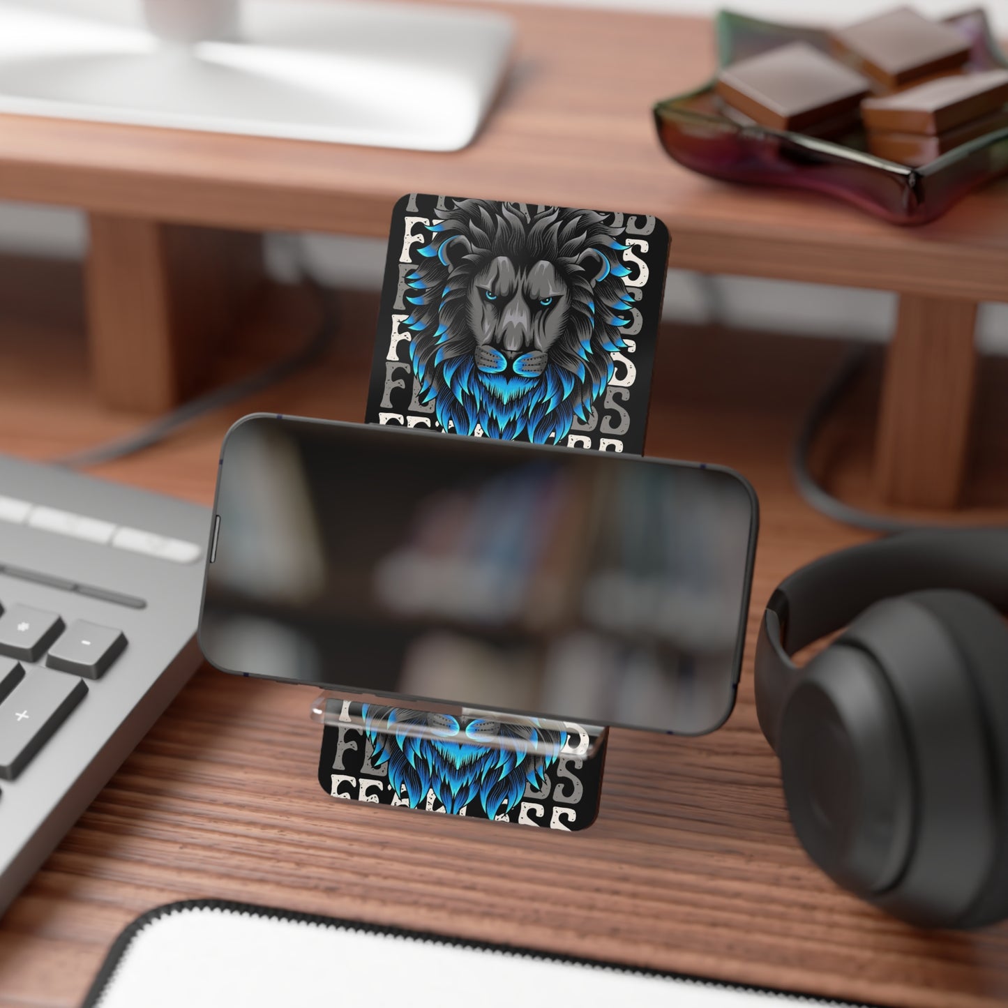 Fearless Lion Mobile Display Stand, Phone Holder, Desk Organizer, Gift for Him, Office Decor, Tech Accessories