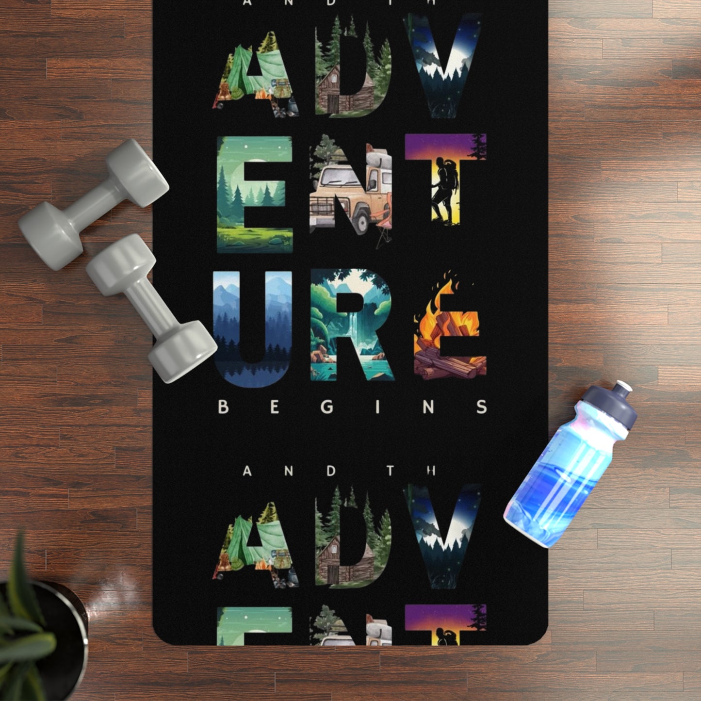 Adventure Awaits Rubber Yoga Mat | Eco-Friendly Exercise Gear, Fitness Mat, Workout Accessory, Yoga Gifts, Adventure Themed Decor