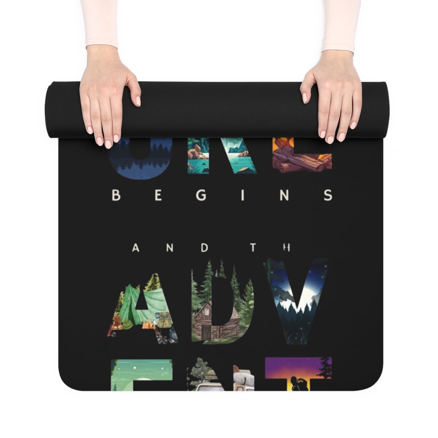 Adventure Awaits Rubber Yoga Mat | Eco-Friendly Exercise Gear, Fitness Mat, Workout Accessory, Yoga Gifts, Adventure Themed Decor